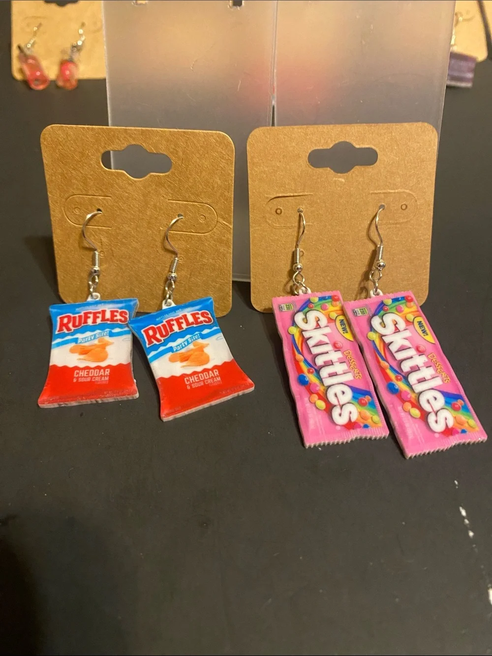 Novelty Kids Earrings - Pink Skittles & Red Ruffles Snack Pack Designs